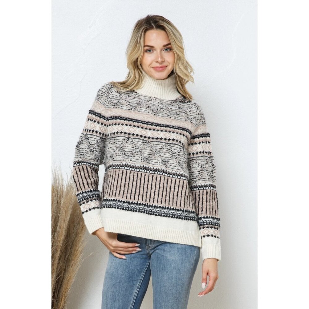 Aztec Pattern Multi Stripe Mock Neck Pullover Sweater